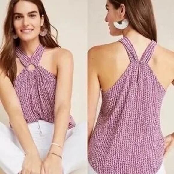 Maeve by Anthropologie Mica Halter Camisole Pink Print Keyhole Neck Sz 6 - Picture 2 of 6